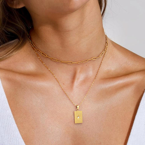 Double-Layer Star & Square Pendant Necklace